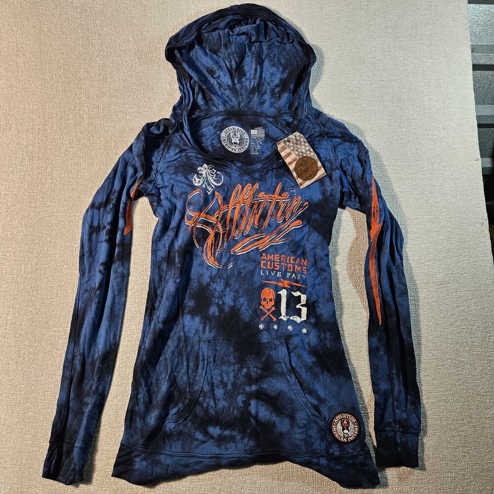 Y2K Affliction Womens Blue Tie Dye Pullover Hoodie Size Large NWT